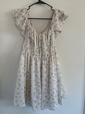 Cotton Candy Cream Dress with Green Floral Print